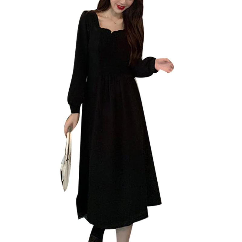 

Women's Spring Autumn Style Dress Women's Solid Color Square Neck Long Sleeve Elegant Vintage Dress SS3690