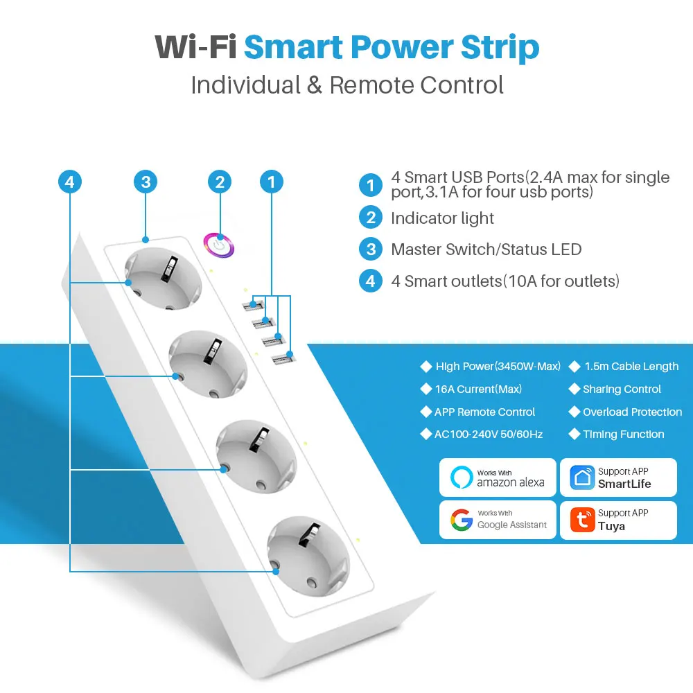 Умный удлинитель Tuya с поддержкой Wi-Fi 16 А 4 USB-порта | Электроника