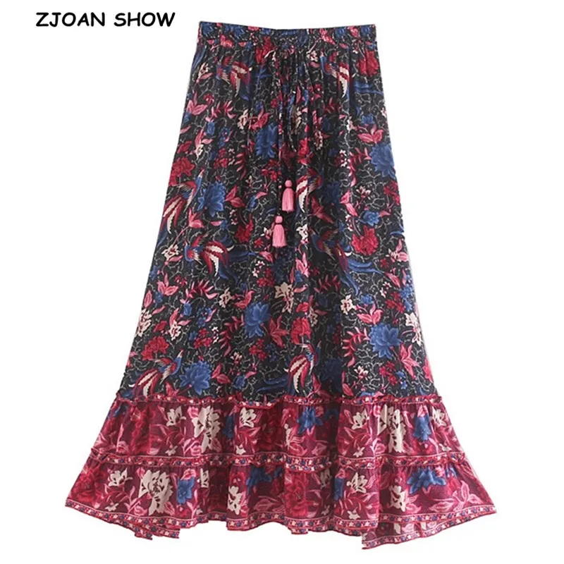 Женская длинная юбка с оборками винтажная макси на завязках кисточками и