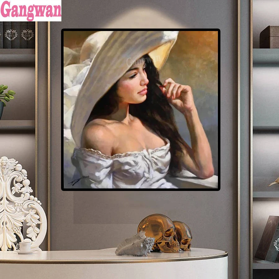 Полный Diy Алмазная картина шляпа Красота Девушка Стразы Вышивка мозаика 5d