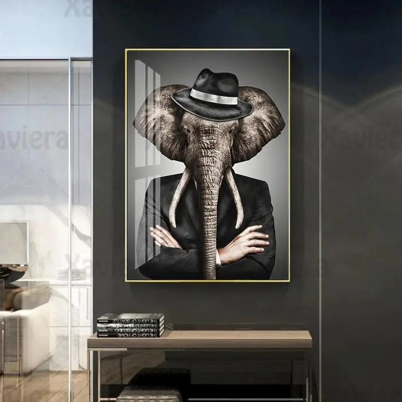 

Abstract Animal Elephant Lion Tiger Poster Wall Art Gentleman Canvas Painting HD Print Wall Pictures for Living Room Home Decor
