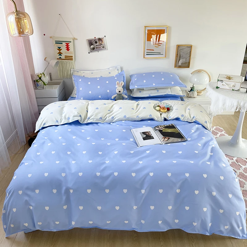 

Girlish Style Heart Pattern Duvet Cover Set 140x200 Pillowcase 3Pcs，200x220 Quilt Cover，Extra Large，Blue Bedding Set