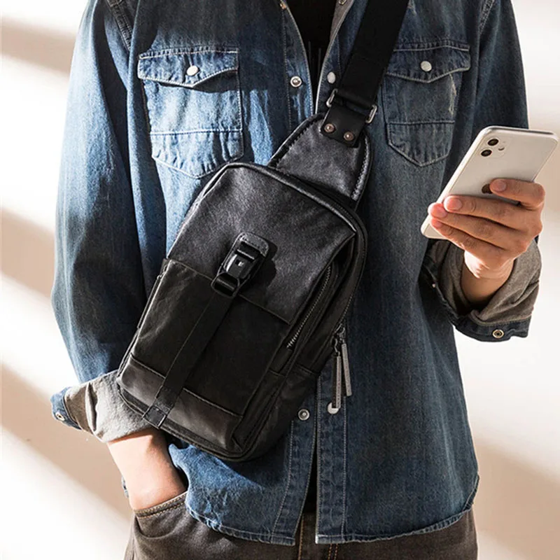 fashion street natural genuine leather men's black chest bag casual real leather outdoor sports shoulder messenger bag