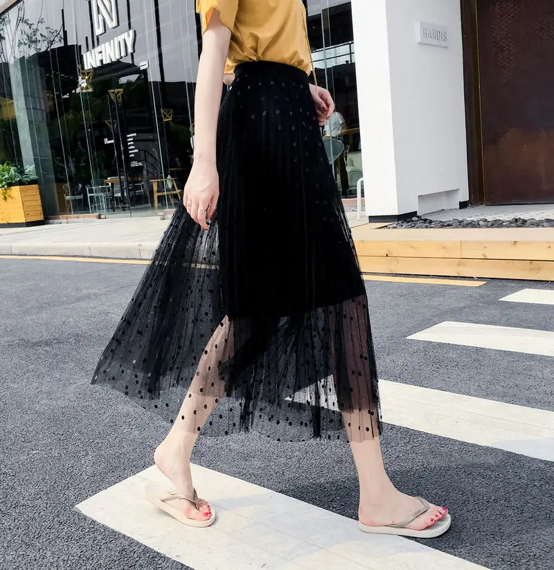 Женская фатиновая юбка в горошек TingYiLi гофрированные длинные юбки с высокой