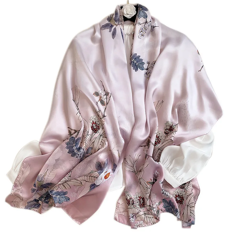 

Pure Silk Scarf Women Summer Pashmina Foulard Shawls Head Wraps Floral Print Smooth Neck Scarves Female Beach Stole Bandana