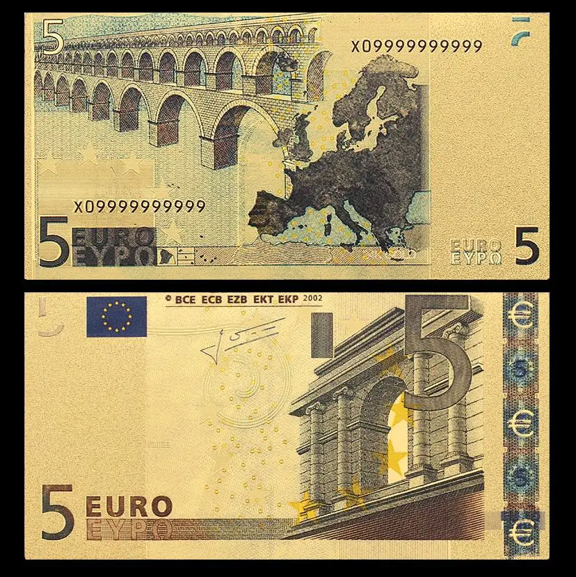 M006G-5 Цветные европейские золото banknotes 10 Банкноты евро в 24k Золотая фольга поддельные деньги для коллекции 5 20 50 100 200 500 Упаковка из 2 шт - Цвет: M006G-5