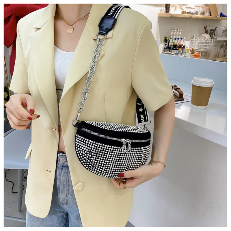 

Waist Bag Casual Women Chest Zipper Wide Strap Small Crossbody Shouldelr Bags For Women Metal Chain Luxury Rhinestone Handbags