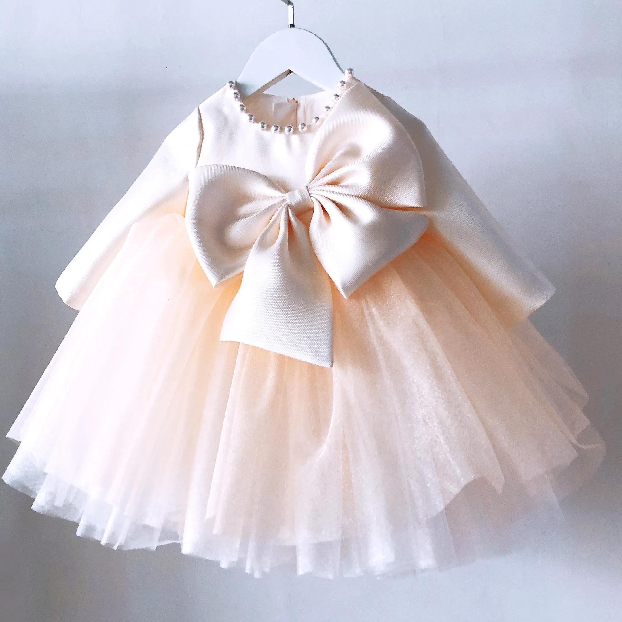 Тюлевые платья для девочек с бусинами и цветами крещения длинным рукавом