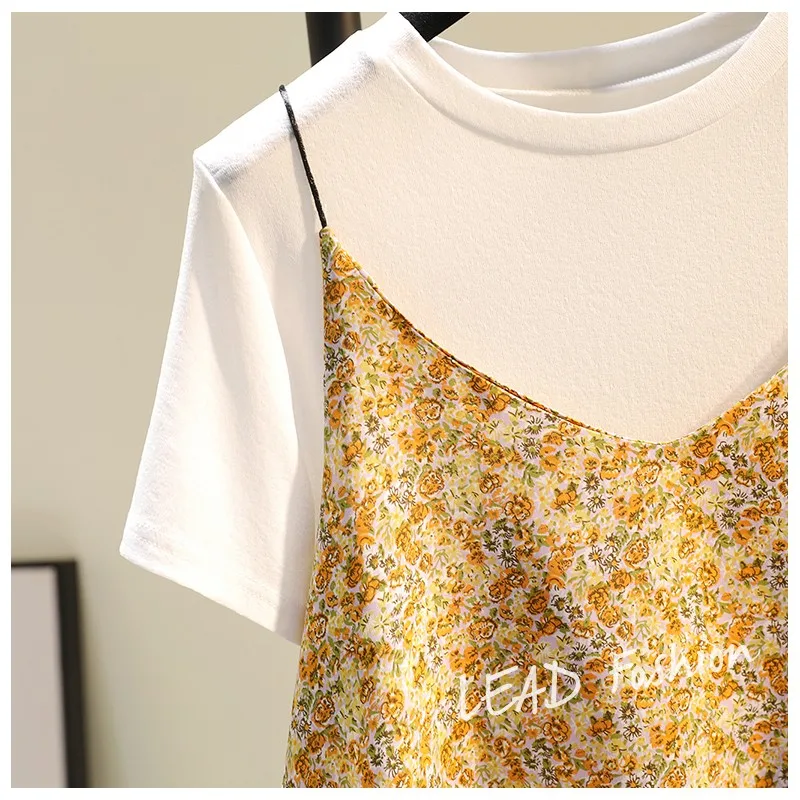 

2021 Summer Women Floral Two-Piece Sling Shirt Korean Loose Casual Artistic Pullover Chiffon Ladies Blusas Fashion Simple Top