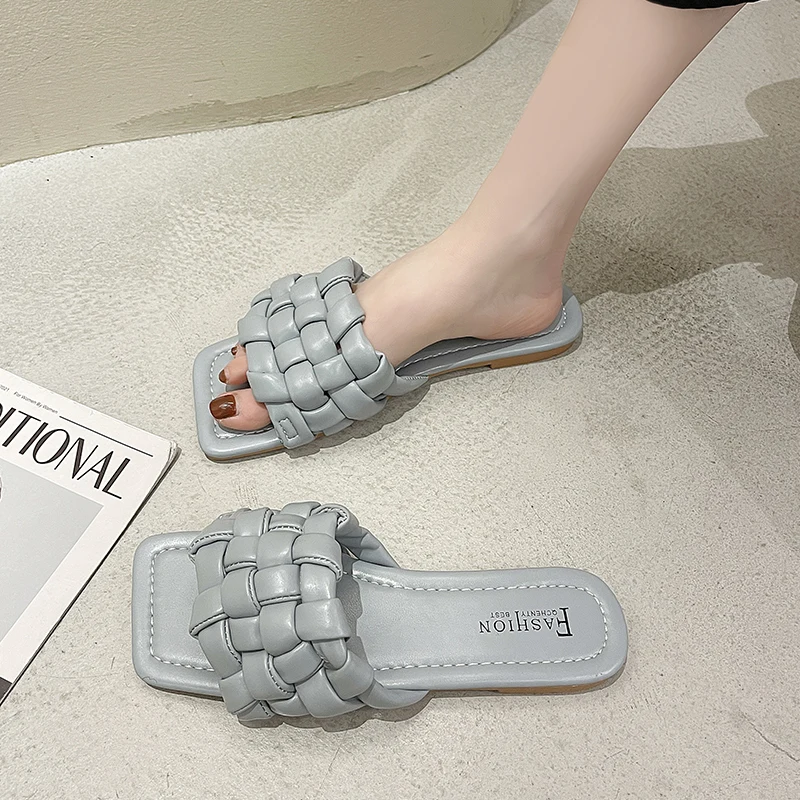 

House Slippers Platform Shoes Slipers Women Luxury Slides Square Toe Shale Female Beach Low Soft 2021 Designer Flat Sabot Spring