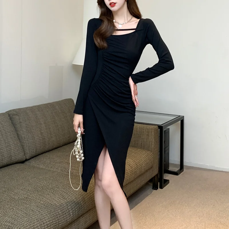 

Sexy Split Black Long Dress Women Korean Casual Chic Design Party Dress Elegant Vintage Irregular Long Sleeve Dress 2021 Autumn