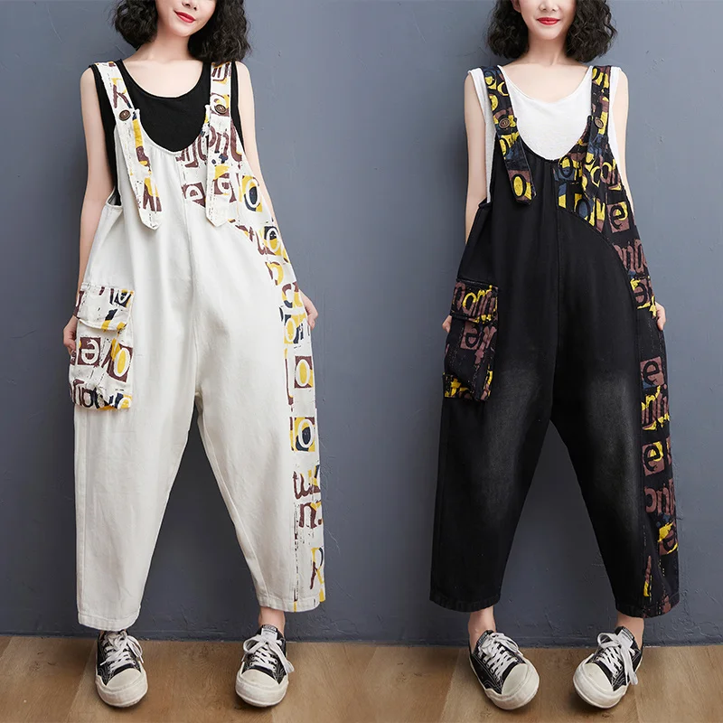 #2387 Black White Rompers Womens Jumpsuit Ankle-length Loose Spliced Color Denim Overalls For Women Harem |