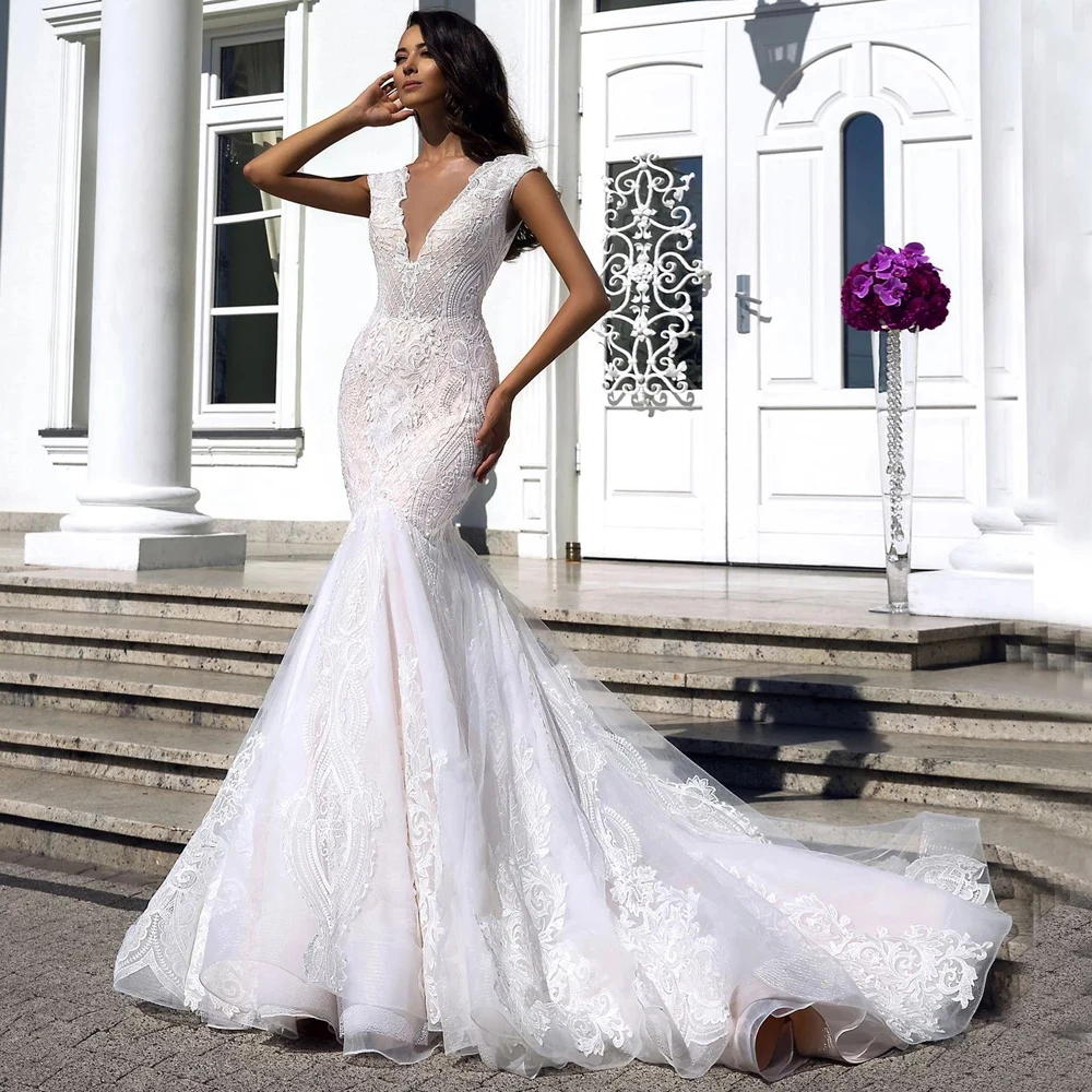 

Sexy Illusion V-neck Backless Lace Mermaid Wedding Dress 2021 New Luxury Bridal Gown Vestidos De Noiva
