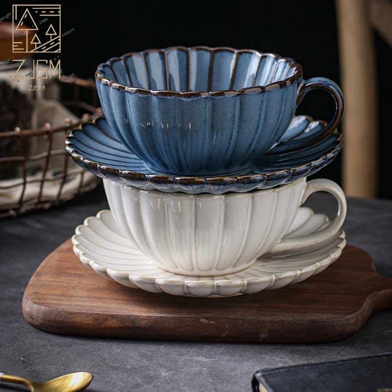 

Ceramic Coffee Cup Saucer Set Japanese Home Kiln Turned Retro Teacup Milk Mug Chrysanthemum Plate Saucer Cafe Hand Made Coffee