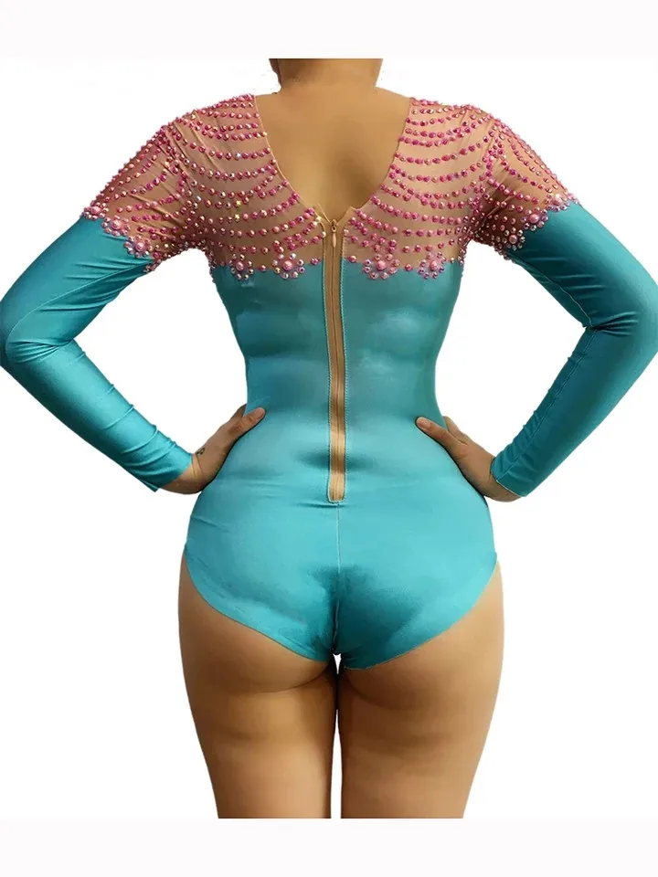Lady Long Sleeve Pink Rhinestones Bodysuit Stretch Spandex Skinny Leotard Acrobatic Pole Dance Costume Singer Dancer Stage Wear