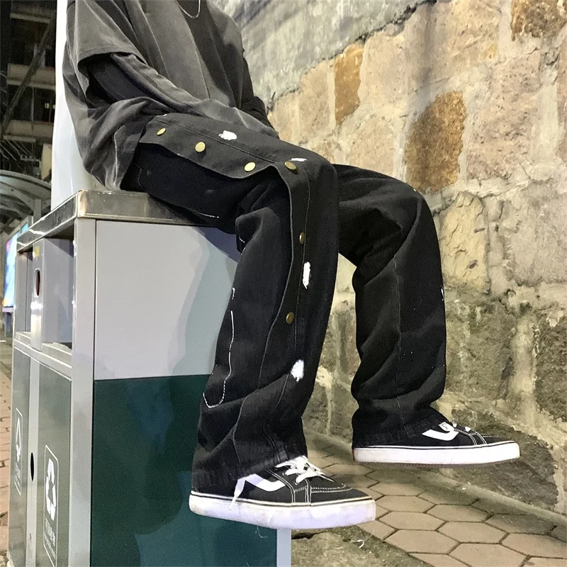 

Autumn Spring Streetwear Side Button Woman Jeans Cargo Pants Unisex Man Straight Pants Sweatpants Couple Jogger Trousers Casual