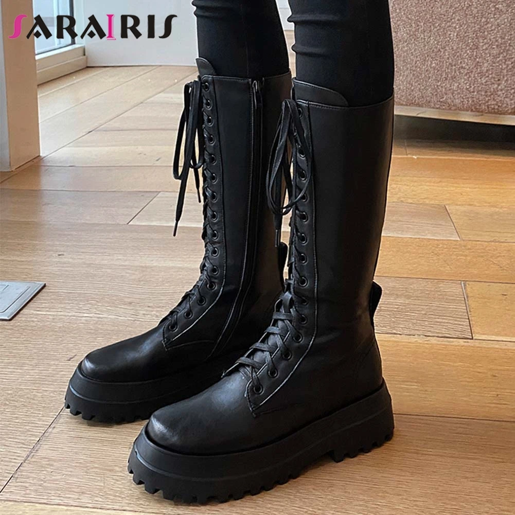 

SARAIRIS Brand Design Female Fashion Boots Genuine Leather Boots Women Platform Chunky Heels Shoelace Mid Calf Shoes Woman