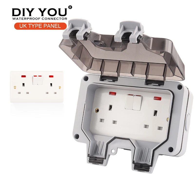 

IP66 UK Standard Waterproof Outdoor Wall Switch Power Double Socket With Light For Home Garden 13A Plug Suitable For large plug