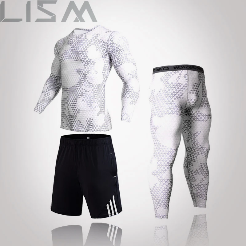 

Summer Men's Thermal Long Underwear Men's Sports Suit Quick-Drying Training Sportswear Suit Breathable Tights 3-Piece Set
