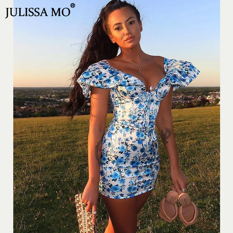 Женское облегающее мини-платье JULISSA MO с открытыми плечами рукавами-фонариками и