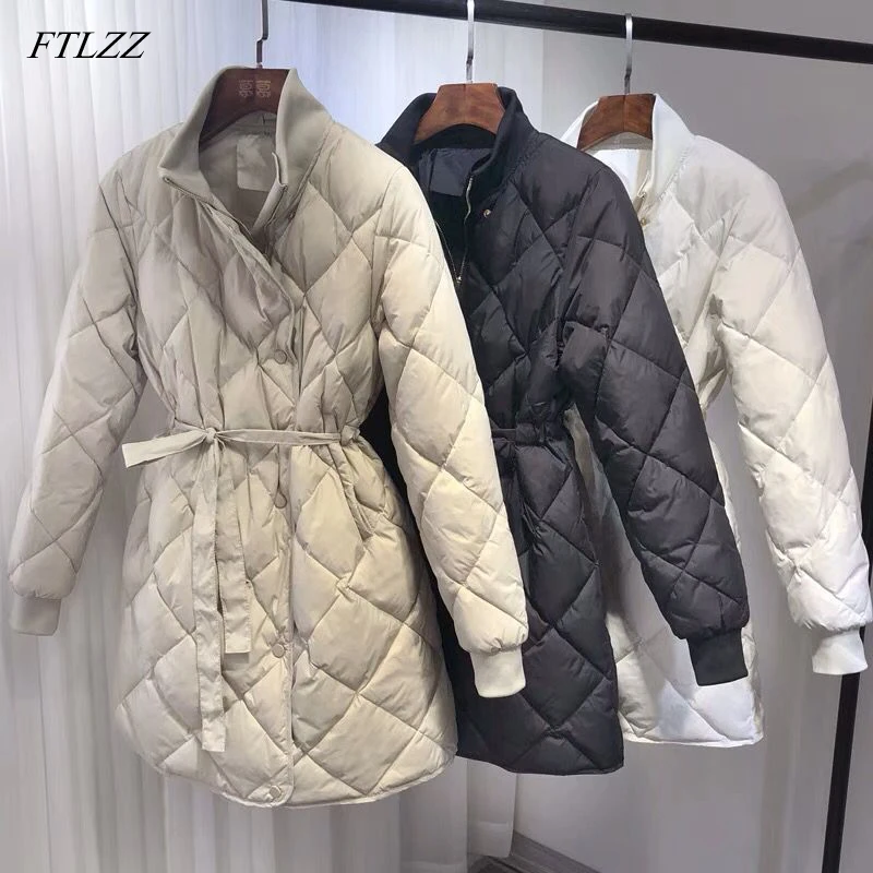 FTLZZ новые ультра легкие белые парки на утином пуху женская зимняя куртка воротник с высоким воротником с поясом тонкая куртка женские длинные зимние пальто