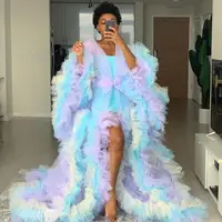 Cute Colorful Women Tulle Robes Rainbow Tulle Dresses Bridal Maternity Ruffled Tulle Dress Long Sleeve Sheer Party Dress