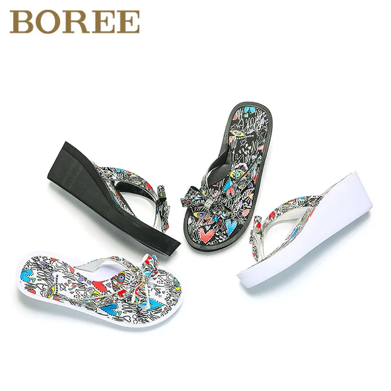 BOREE/модные сандалии с граффити Женские летние шлепанцы бантом Вьетнамки Пляжная