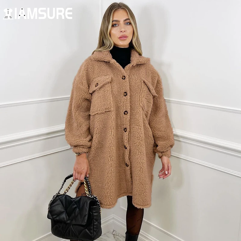 

IAMSURE Furry Solid Long Trench Warm Winter Elegant Fahsion Turn-Down Collar Long Sleeve Windbreaker Women's Coats 2021 Ladies