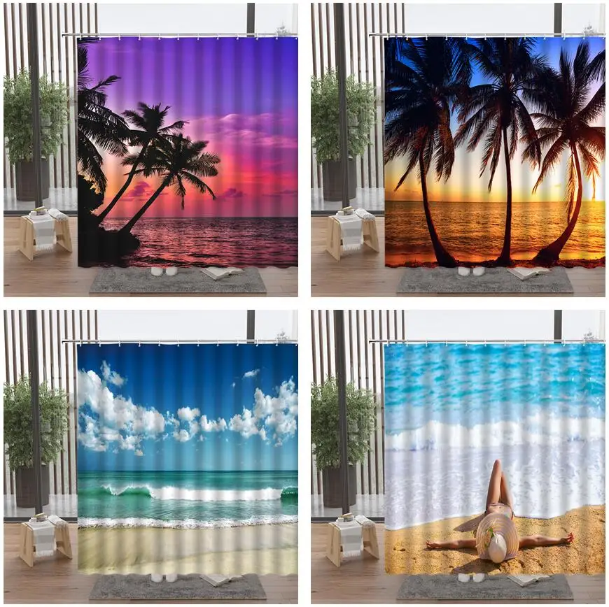

Romantic Beach Sea Coconut Tree Sunset Glow Shower Curtain Comfortable Beautiful Sexy Girl Bath Screen Waterproof With Hook