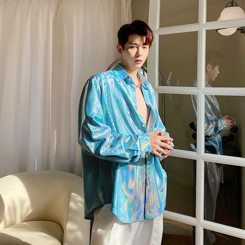 Голографическая рубашка радужного цвета блестящая с длинным рукавом мужская