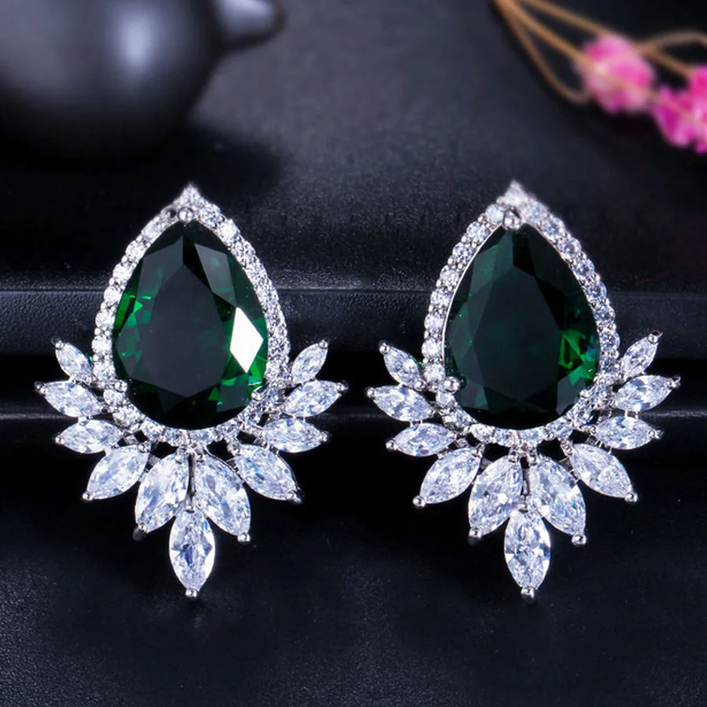 Green ThreeGraces элегантный для женщин CZ Diamante Jewelry прозрачный белый кубический цирконий большой капли воды листьев серьги гвоздики для вечерние ER302 - Окраска металла: Green