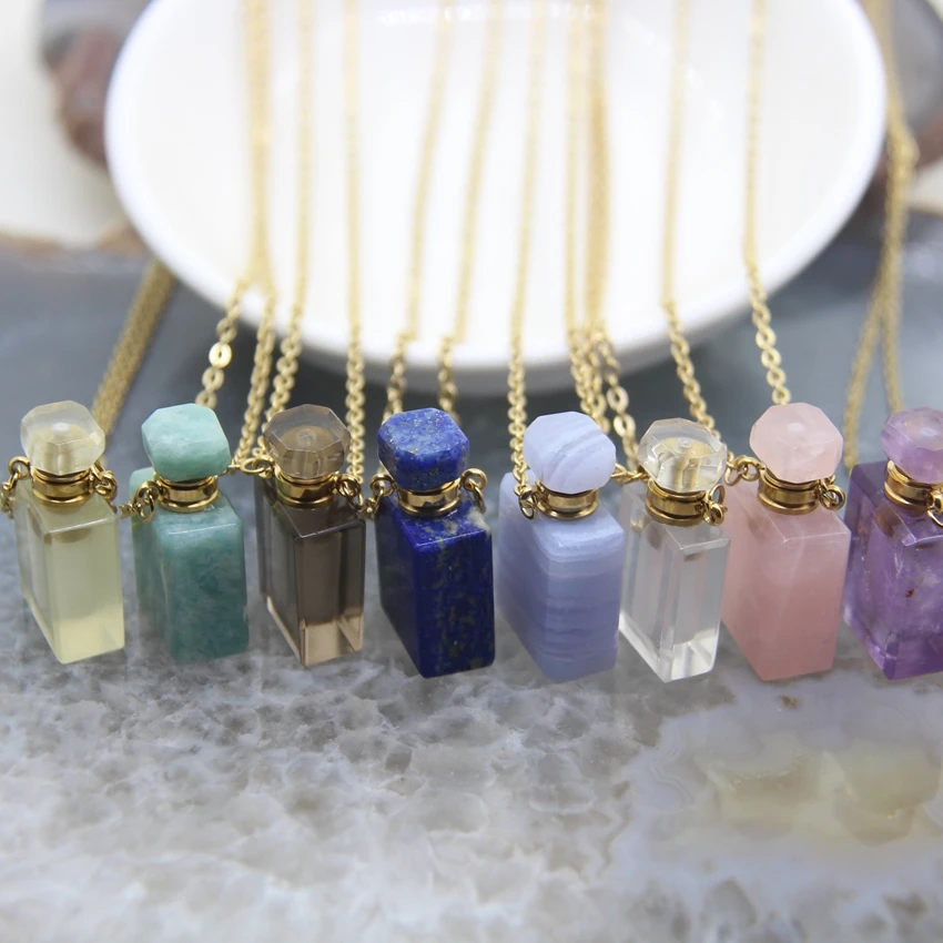 

Rectangle Perfume Bottle Natural Gems stone Pendants Chains,Lapis Amazonite Quartz Essential Oil Diffuser Vial Necklace Charms