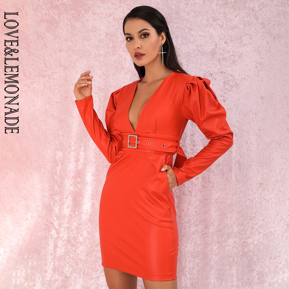 Женское вечернее платье LOVE & LEMONADE красное из искусственной кожи с глубоким V