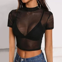 womens sexy blouse black clubwear sheer short sleeve tops ladies pure mesh see through tops women summer sexy tops short shirt