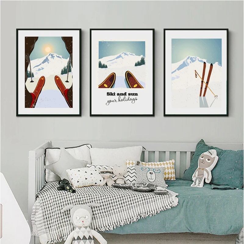 Фото Винтажный постер для зимних видов спорта и печать на лыжах настенные картины