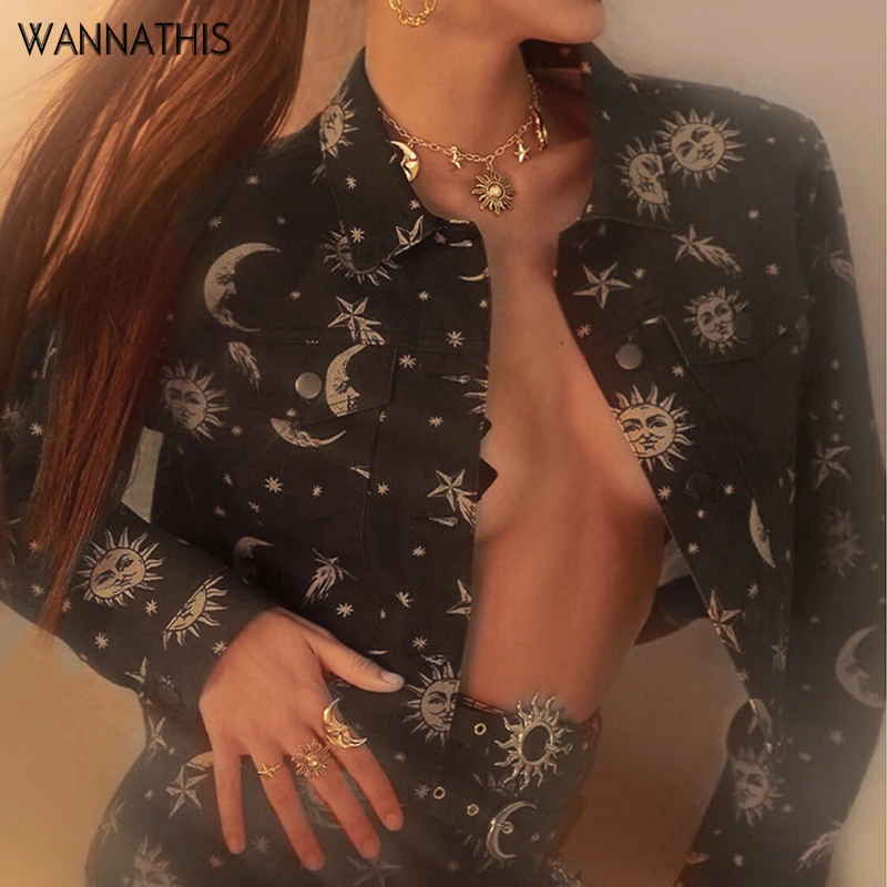 WannaThis женское готическое пальто с принтом солнце Звезда Луна воротник с длинным рукавом и карманом на пуговицах Женское пальто свободный тонкий черный короткий топ