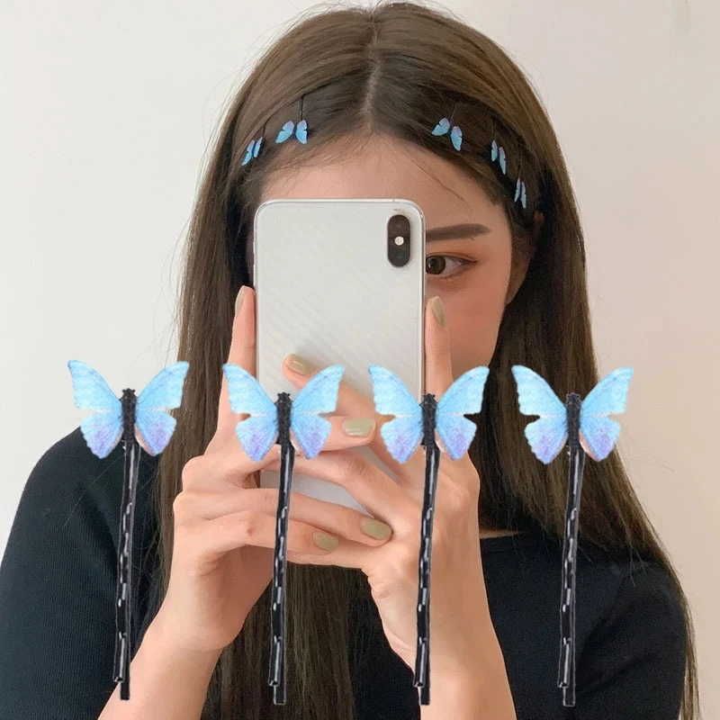 

4Pcs Blue Butterfly Hairpins Elegant Gauze Hair Clips For Women Cute Handmade Fashion Summer Holiday Hair Jewelry Accessories