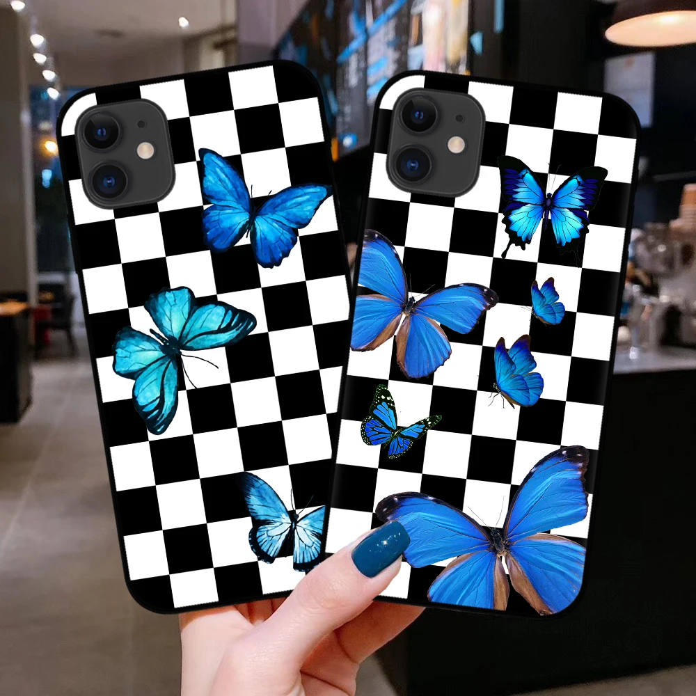 

Soft TPU Black Silicone Rubber phone case cover for iPhone 7 8 Plus X Xs 11 12 Pro Max XR 6S SE 2020 Blue Butterfly Checks Coque