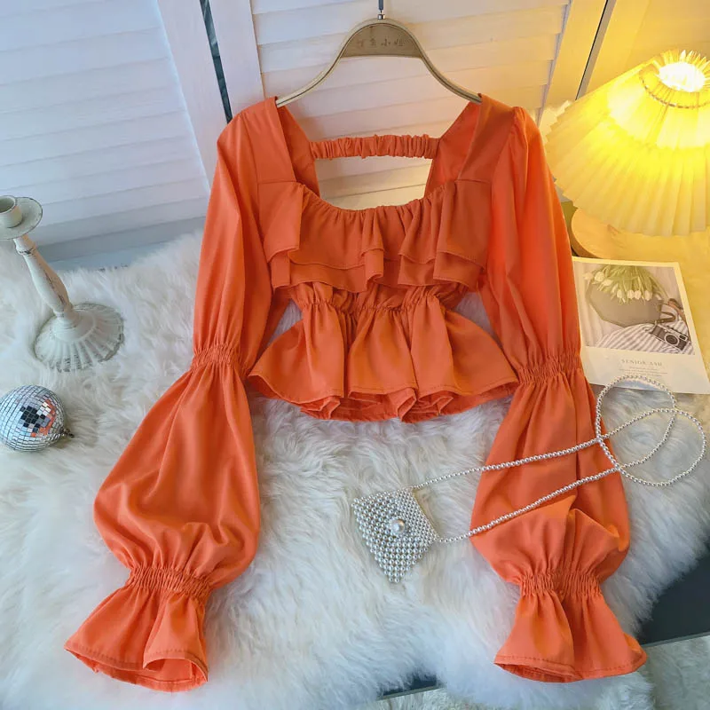 Женская короткая блузка с оборками элегантная повседневная квадратным вырезом и