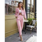 Элегантный розовый пригородный костюм YICIYA с курткой и карманами, костюм из двух предметов с брюками, женский костюм, модные комплекты, короткий топ, брюки, брюки