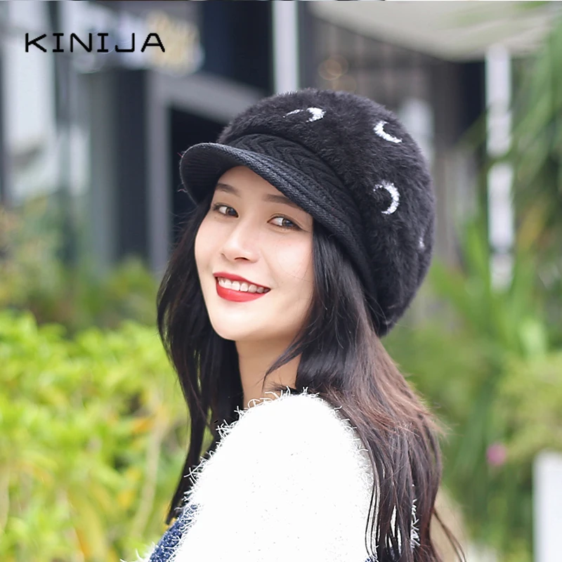 Женская зимняя шапка из кроличьего меха вязаная с утиным язычком корейский