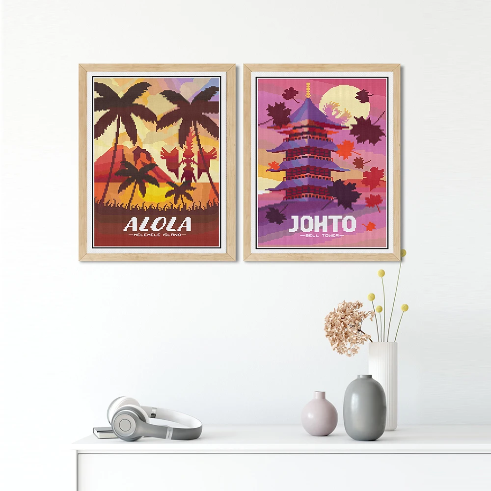 

Natural Scape Grainy Poster Building Plants Art Print Cross Stitch Canvas Painting Nordic Wall Picture Living Bedroom Home Decor