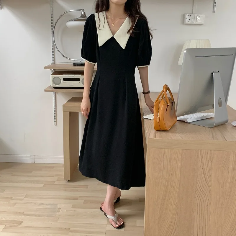 

French Style Black Elegant Dress Women Summer Lapel Contrast Color Lace Puff Sleeve A-Line Dress Ladies Robe