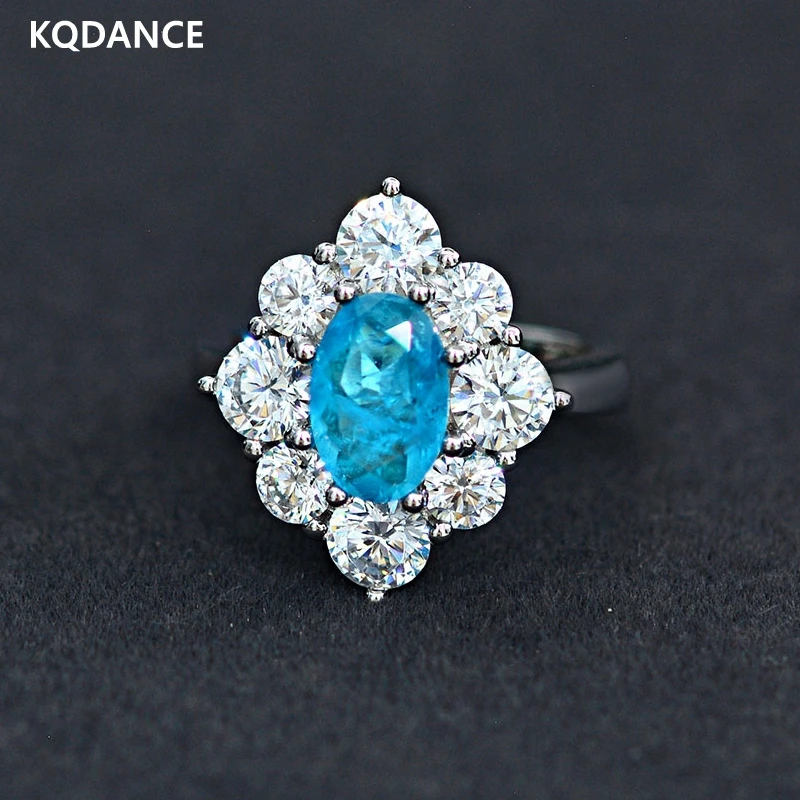 100% 925 sterling silver With 6*9mm Blue stone Lab Diamond Gemstones Paraiba Tourmaline Pariba emerald cut Ring Fine Jewelry