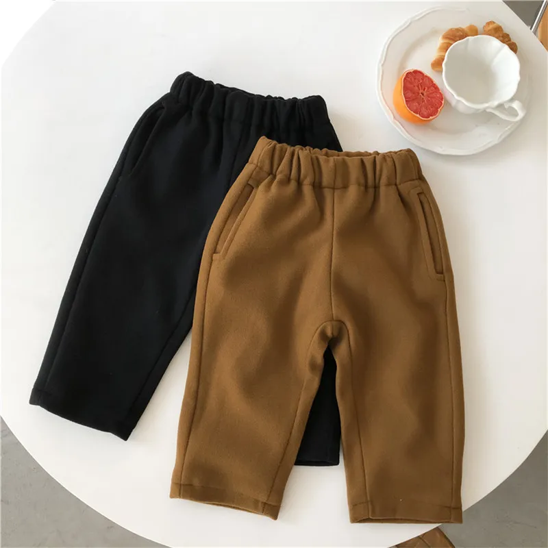 

DFXD Kids Clothes Winter Girls Thick Warm Fleece Woolen Pants Elastic Waist Solid Color Straight Trousers Fashion Children Pants