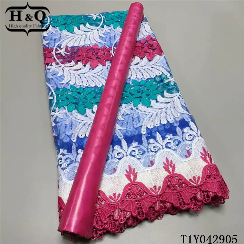 

H&Q embroidery french mesh lace milk fiber fabric with stones newest african bazin fabrics 2.5+2.5 yards for sewing party dress