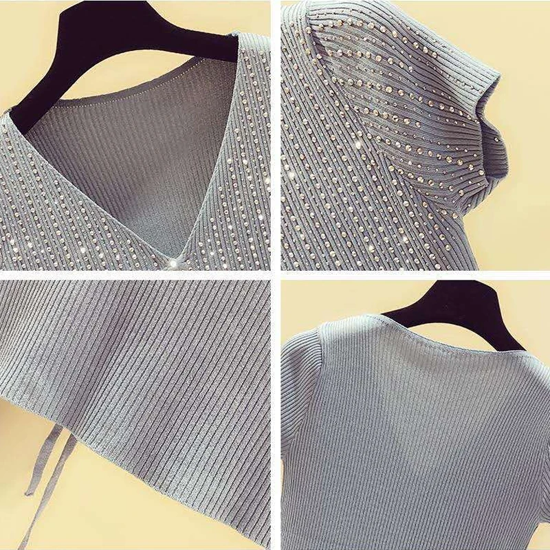 

Diamonds Knitted Women Sweater Tees 2021 Summer V-Neck Ladies Tops Sexy Short Sleeve One Size Female Harajuku Pullovers KS628