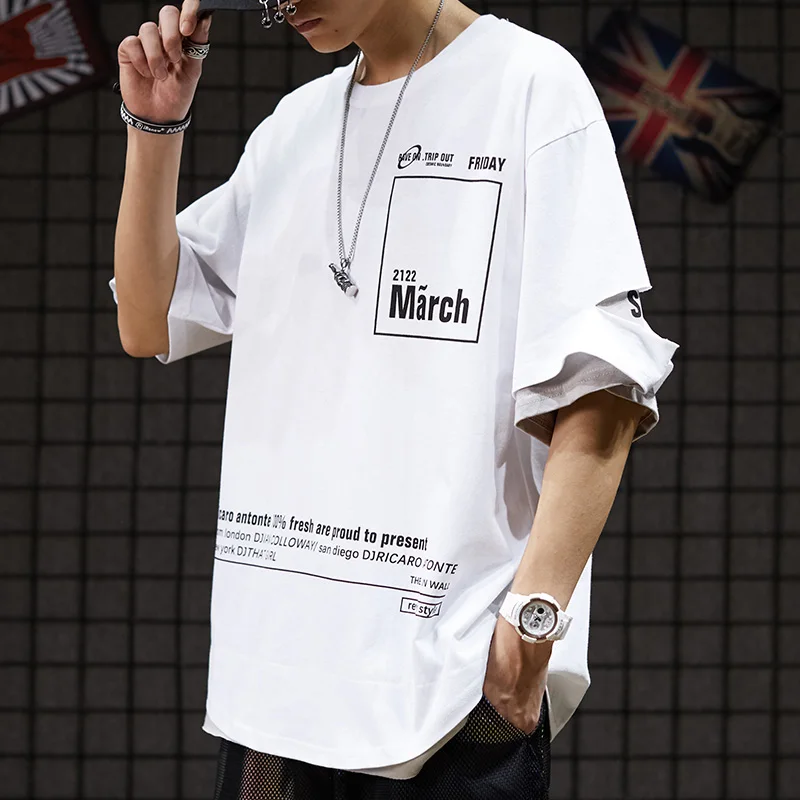 Hip Hop T Shirt Men Clothing Streetwear Oversize Tshirt Fake Two Pieces Of Harajuku Short Sleeve Fashion Korean Style Clothes | Мужская