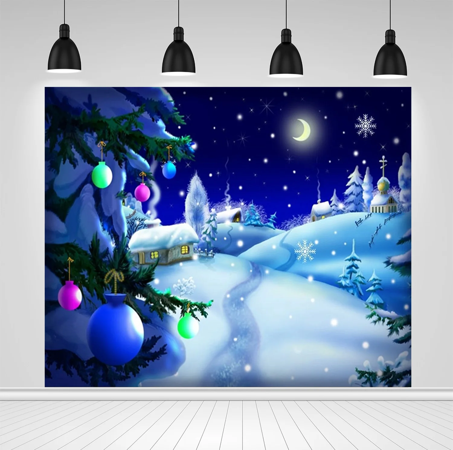 

Scopiso фон для фотографирования с изображением рождественских с рисунками героев из мультфильмов; Зимний снег дерево с рисунками луной фон дл...