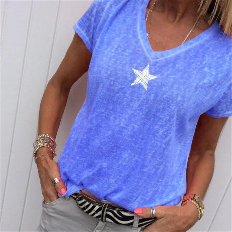 

Women Short Sleeve Female 2021 Summer V Neck Tops Casual T Shirts Basic Tops Pentagram Bamboo Fiber Women's Tees